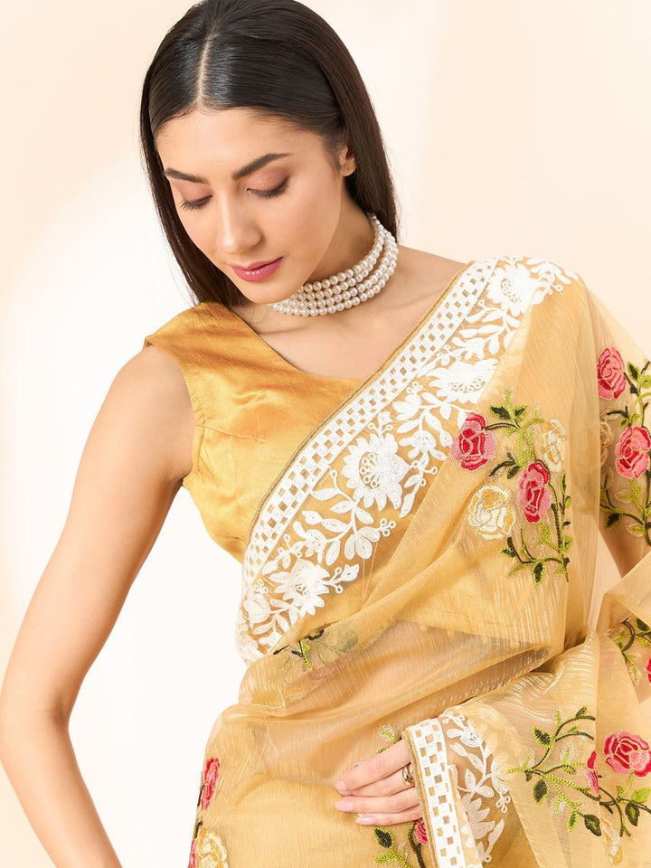 Beige Saree Glass Tissue Organza Fabric With Beautifull Thread Work