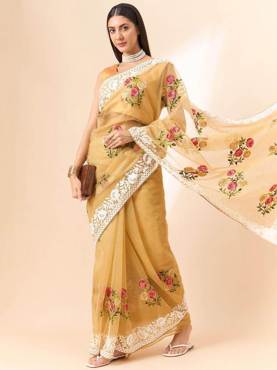 Beige Saree Glass Tissue Organza Fabric With Beautifull Thread Work