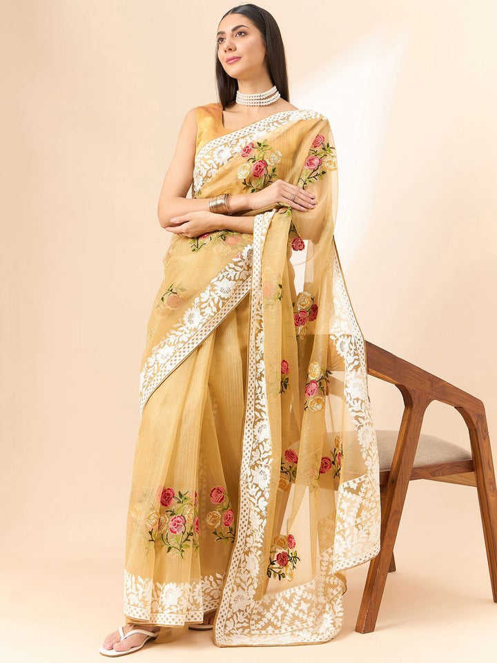 Beige Saree Glass Tissue Organza Fabric With Beautifull Thread Work