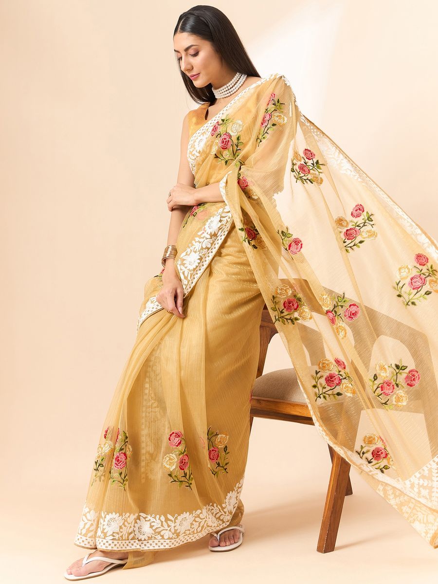 Beige Saree Glass Tissue Organza Fabric With Beautifull Thread Work