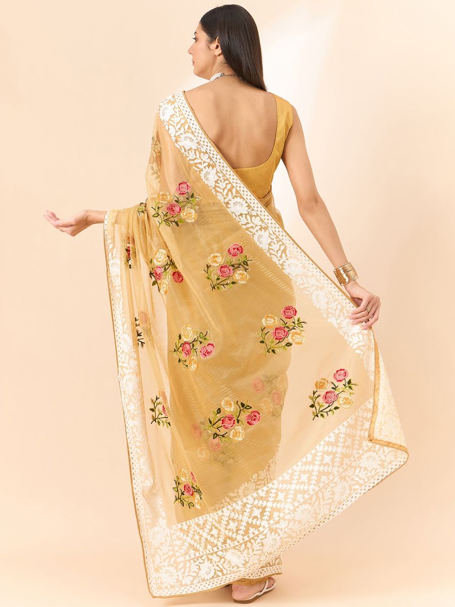 Beige Saree Glass Tissue Organza Fabric With Beautifull Thread Work