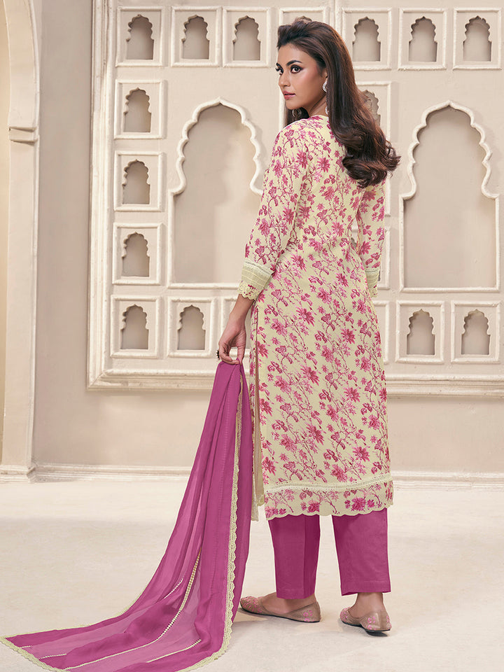 Pink Organza Fabric with Floral Printed and Thread Embroidery work Kurta Suit set