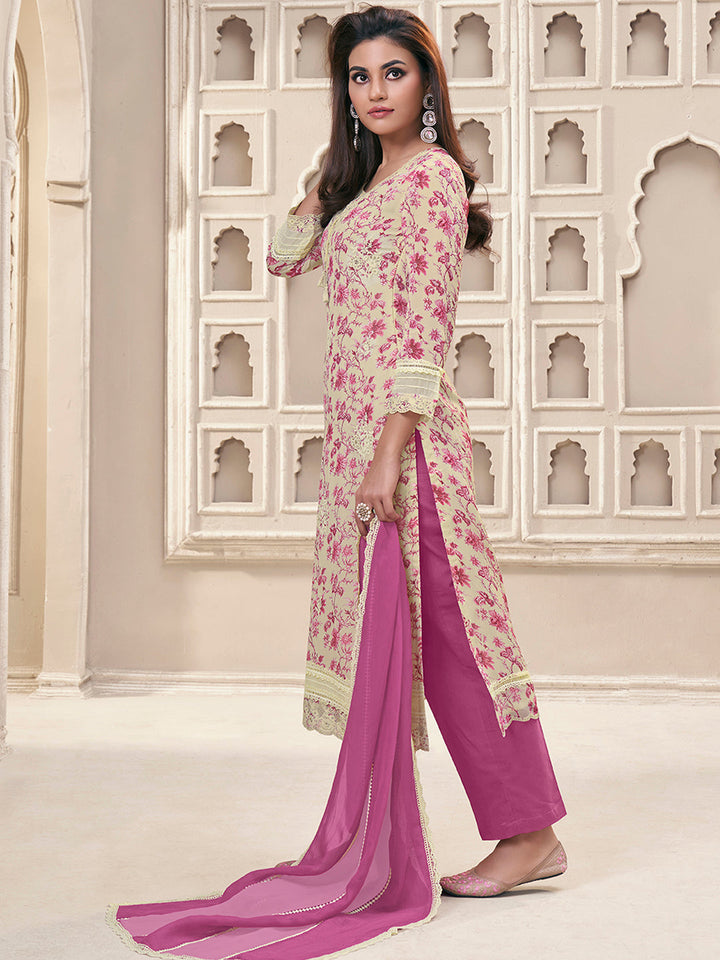 Pink Organza Fabric with Floral Printed and Thread Embroidery work Kurta Suit set