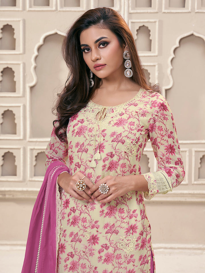 Pink Organza Fabric with Floral Printed and Thread Embroidery work Kurta Suit set