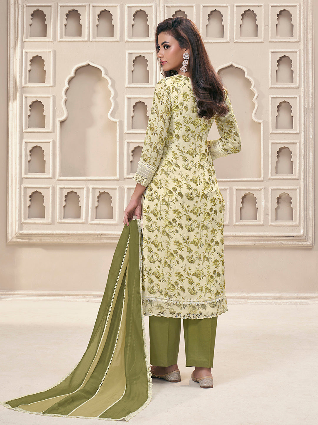 Green Organza Fabric with Floral Printed and Thread Embroidery work Kurta Suit set