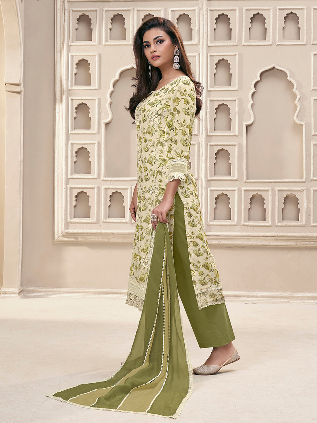 Green Organza Fabric with Floral Printed and Thread Embroidery work Kurta Suit set