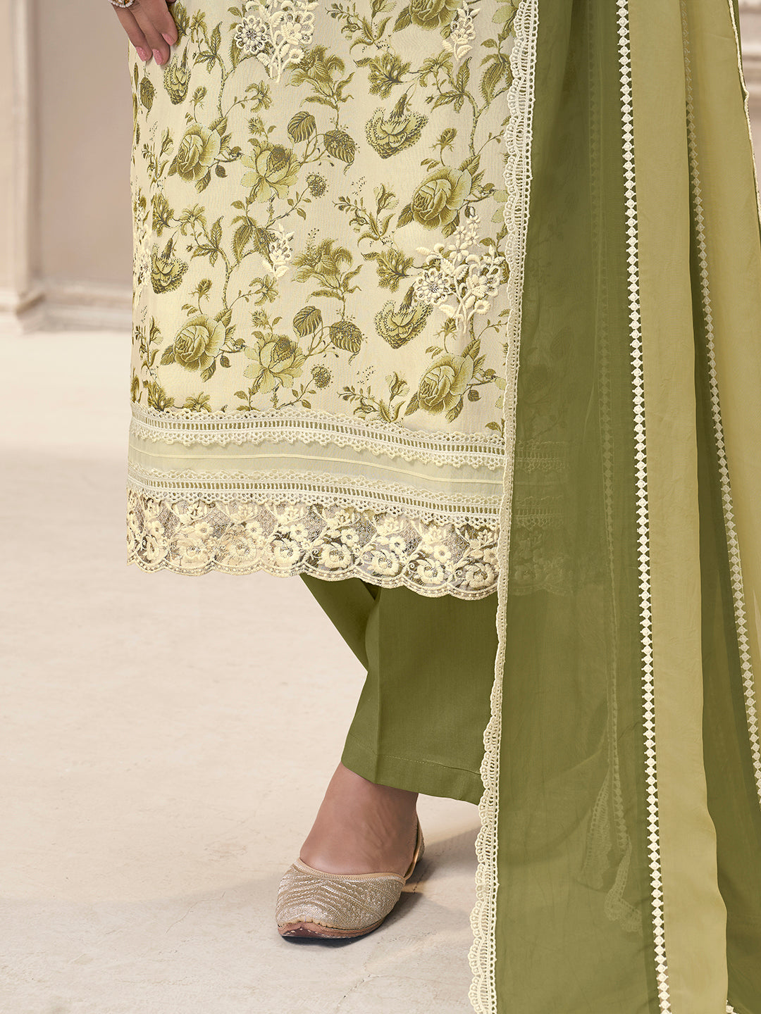 Green Organza Fabric with Floral Printed and Thread Embroidery work Kurta Suit set