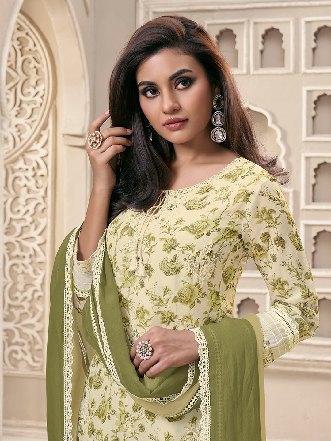 Green Organza Fabric with Floral Printed and Thread Embroidery work Kurta Suit set