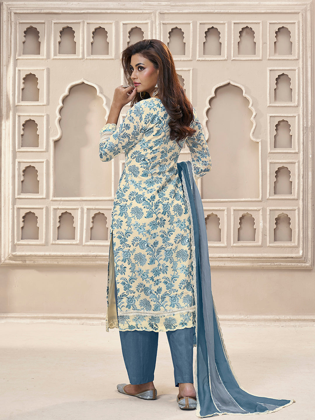 Blue Organza Fabric with Floral Printed and Thread Embroidery work Kurta Suit set