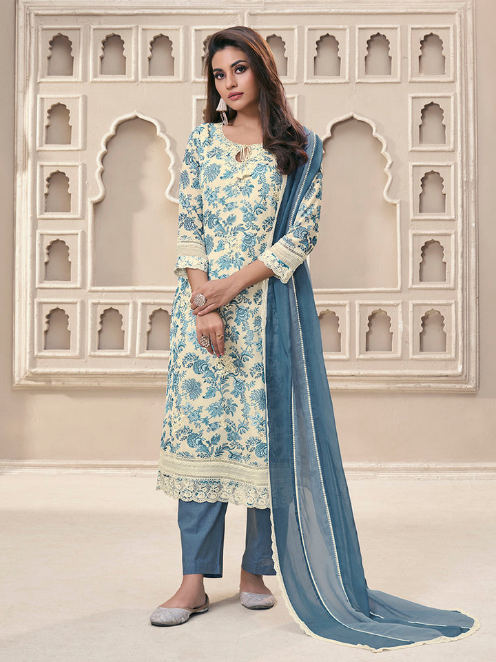 Blue Organza Fabric with Floral Printed and Thread Embroidery work Kurta Suit set