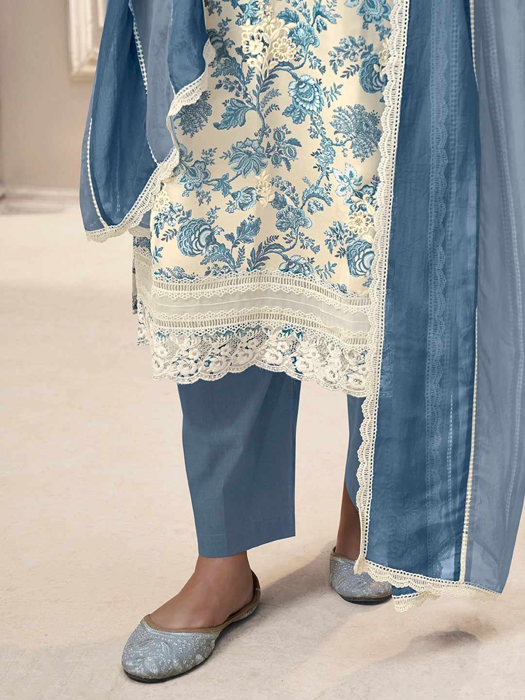 Blue Organza Fabric with Floral Printed and Thread Embroidery work Kurta Suit set