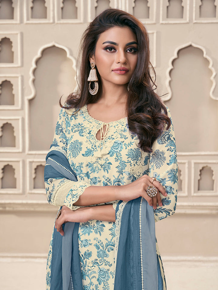 Blue Organza Fabric with Floral Printed and Thread Embroidery work Kurta Suit set