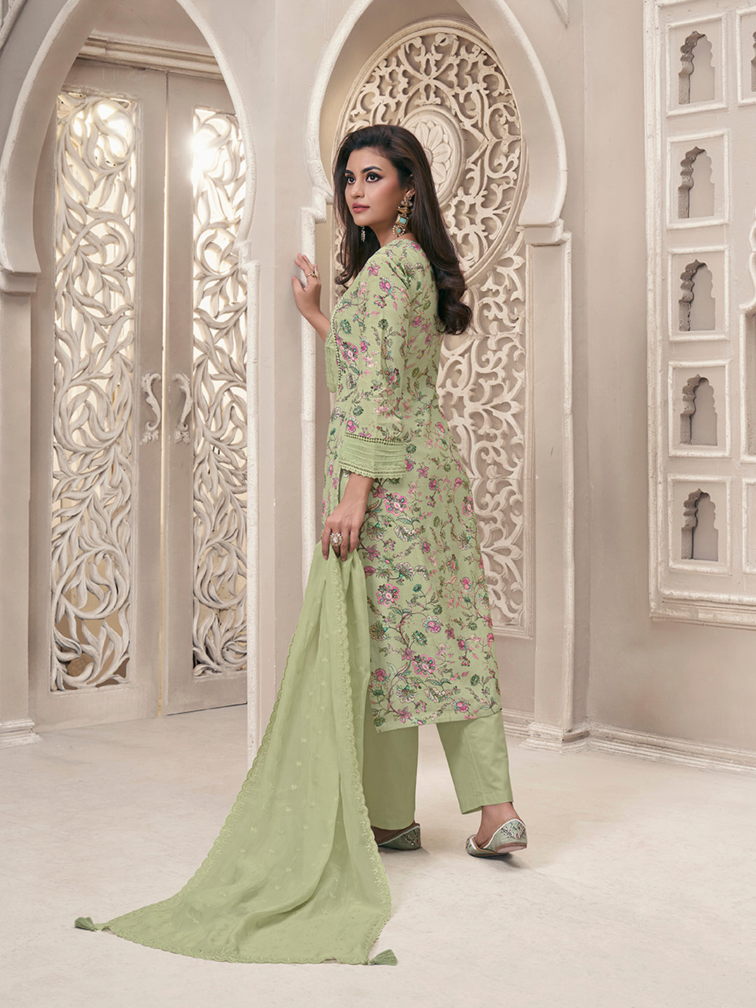 Pista Green Linen Fabric with Floral Printed and Shiffli work Kurta Suit Set by Qivii