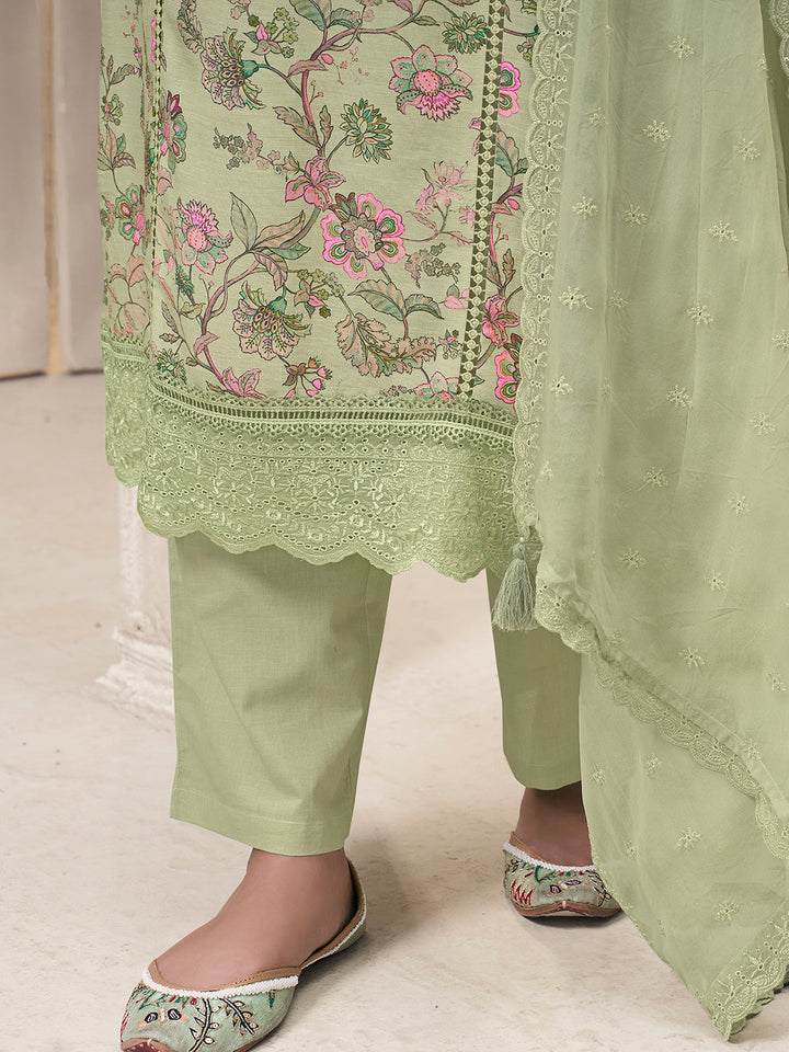 Pista Green Linen Fabric with Floral Printed and Shiffli work Kurta Suit Set by Qivii