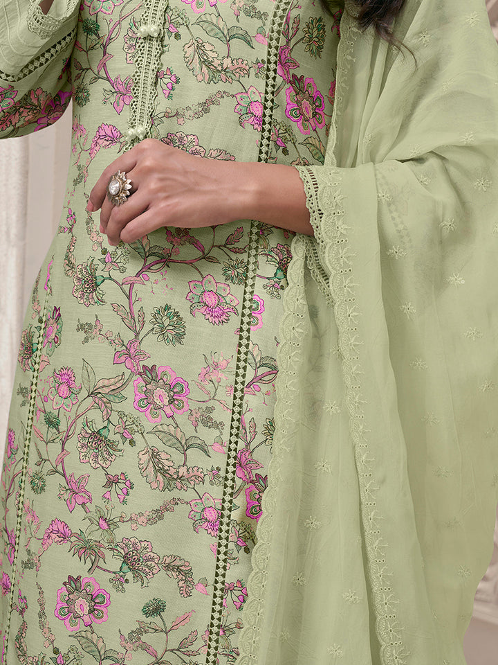 Pista Green Linen Fabric with Floral Printed and Shiffli work Kurta Suit Set by Qivii