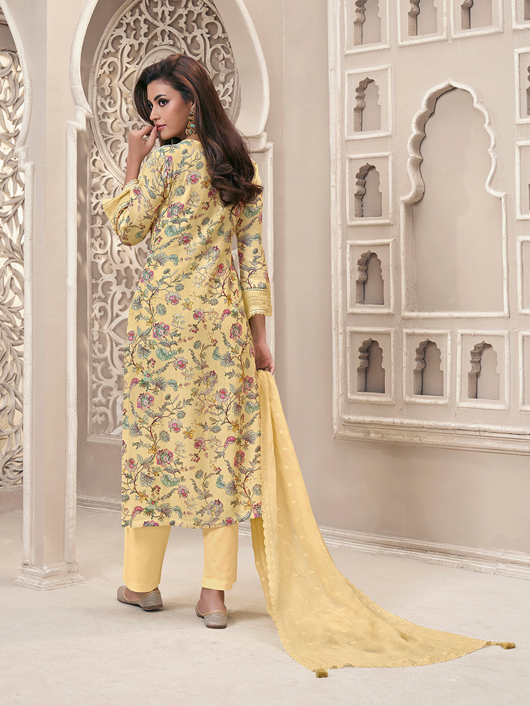 Yellow Linen Fabric with Floral Printed and Shiffli work Kurta Suit Set by Qivii