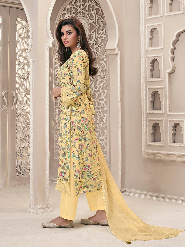 Yellow Linen Fabric with Floral Printed and Shiffli work Kurta Suit Set by Qivii