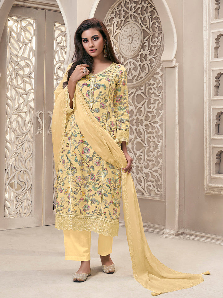 Yellow Linen Fabric with Floral Printed and Shiffli work Kurta Suit Set by Qivii