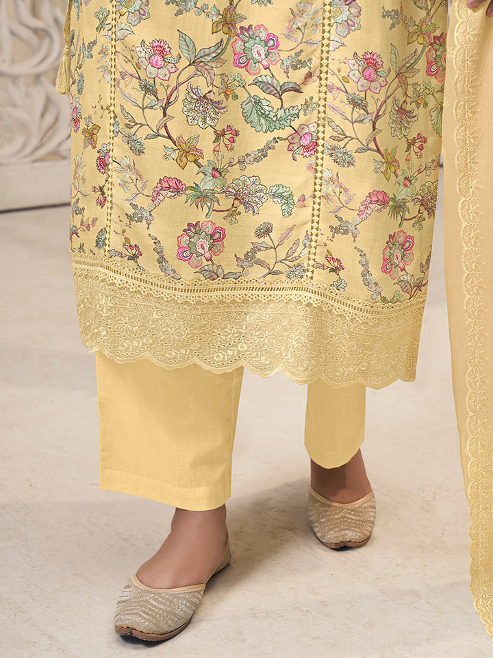 Yellow Linen Fabric with Floral Printed and Shiffli work Kurta Suit Set by Qivii