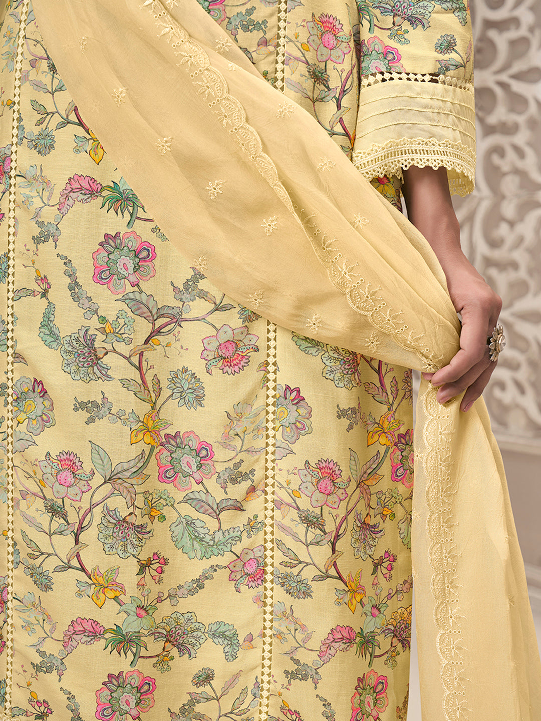 Yellow Linen Fabric with Floral Printed and Shiffli work Kurta Suit Set by Qivii