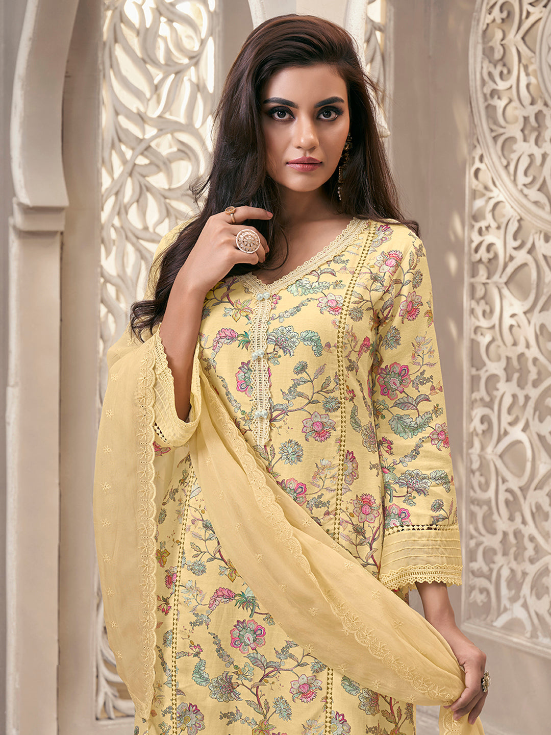 Yellow Linen Fabric with Floral Printed and Shiffli work Kurta Suit Set by Qivii