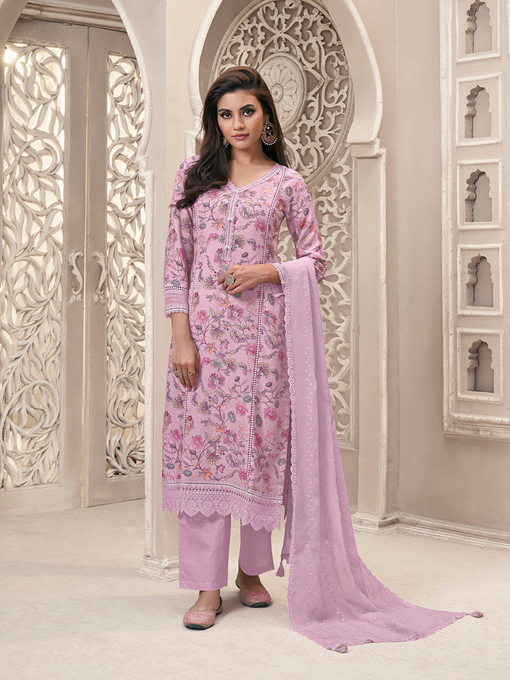 Baby Pink Floral Printed Linen Kurta Set by Qivii