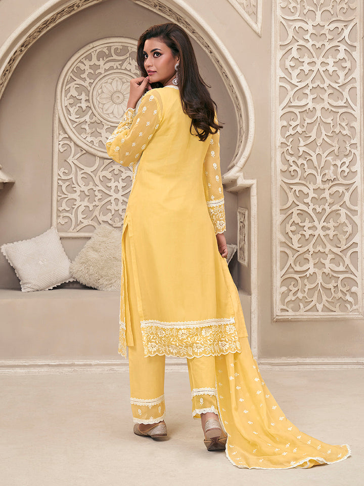 Yellow Organza Fabric with Shiffli work Kurta Suit Set by Qivii