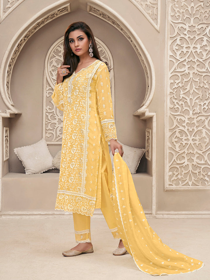 Yellow Organza Fabric with Shiffli work Kurta Suit Set by Qivii