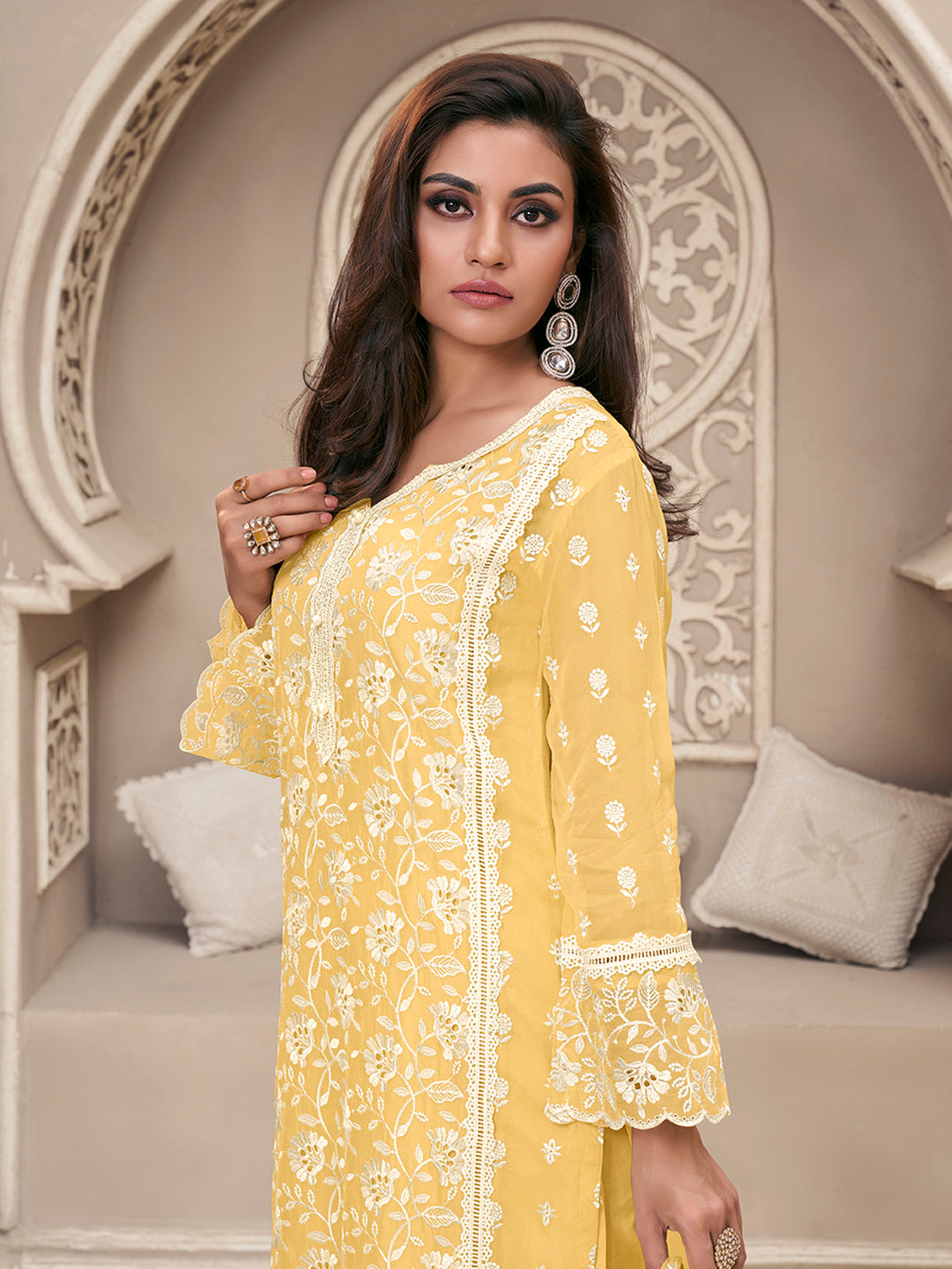 Yellow Organza Fabric with Shiffli work Kurta Suit Set by Qivii