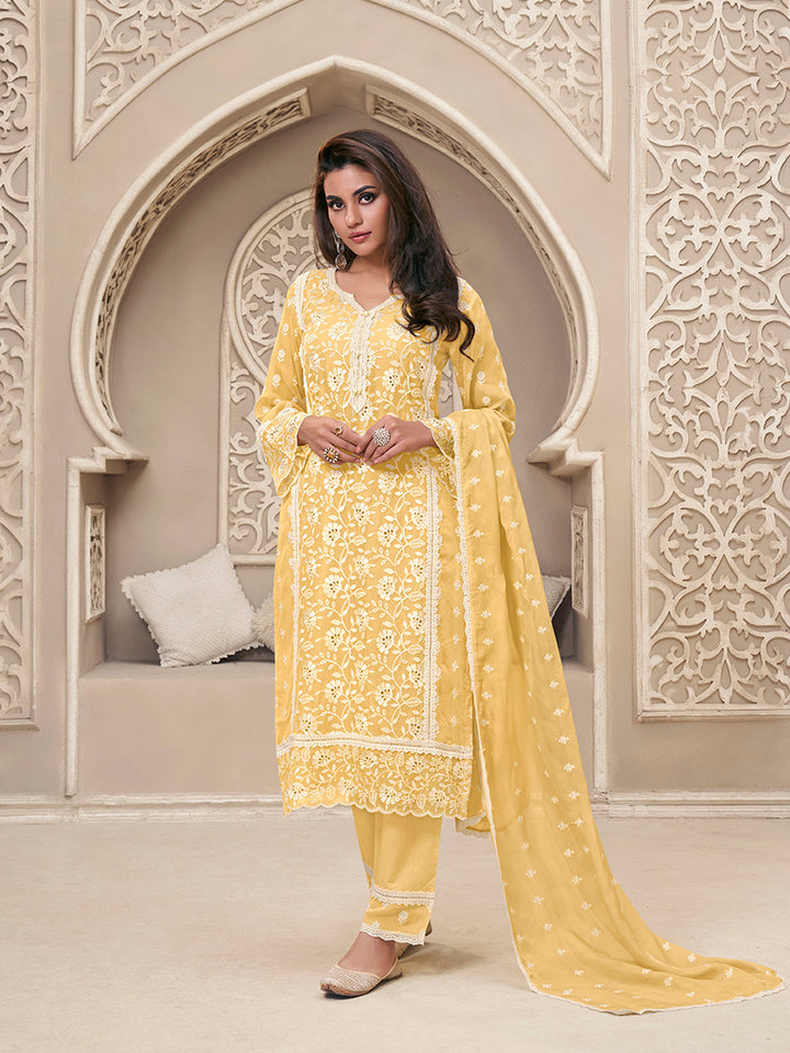 Yellow Organza Fabric with Shiffli work Kurta Suit Set by Qivii