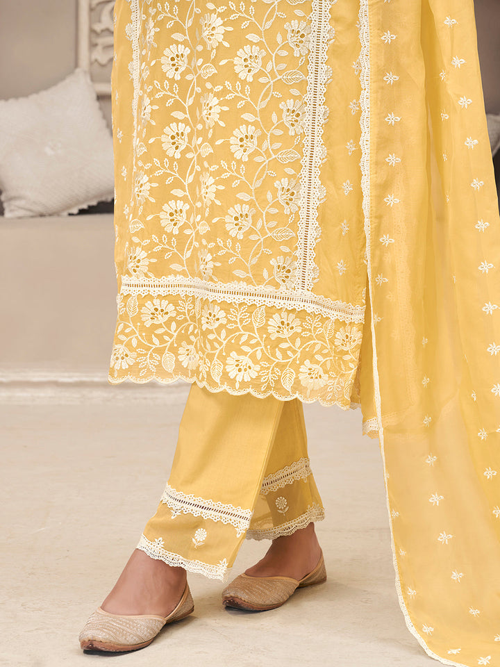 Yellow Organza Fabric with Shiffli work Kurta Suit Set by Qivii