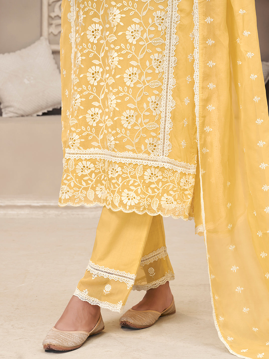 Light Yellow Kurta Set Suit in Organza with Schiffli Work