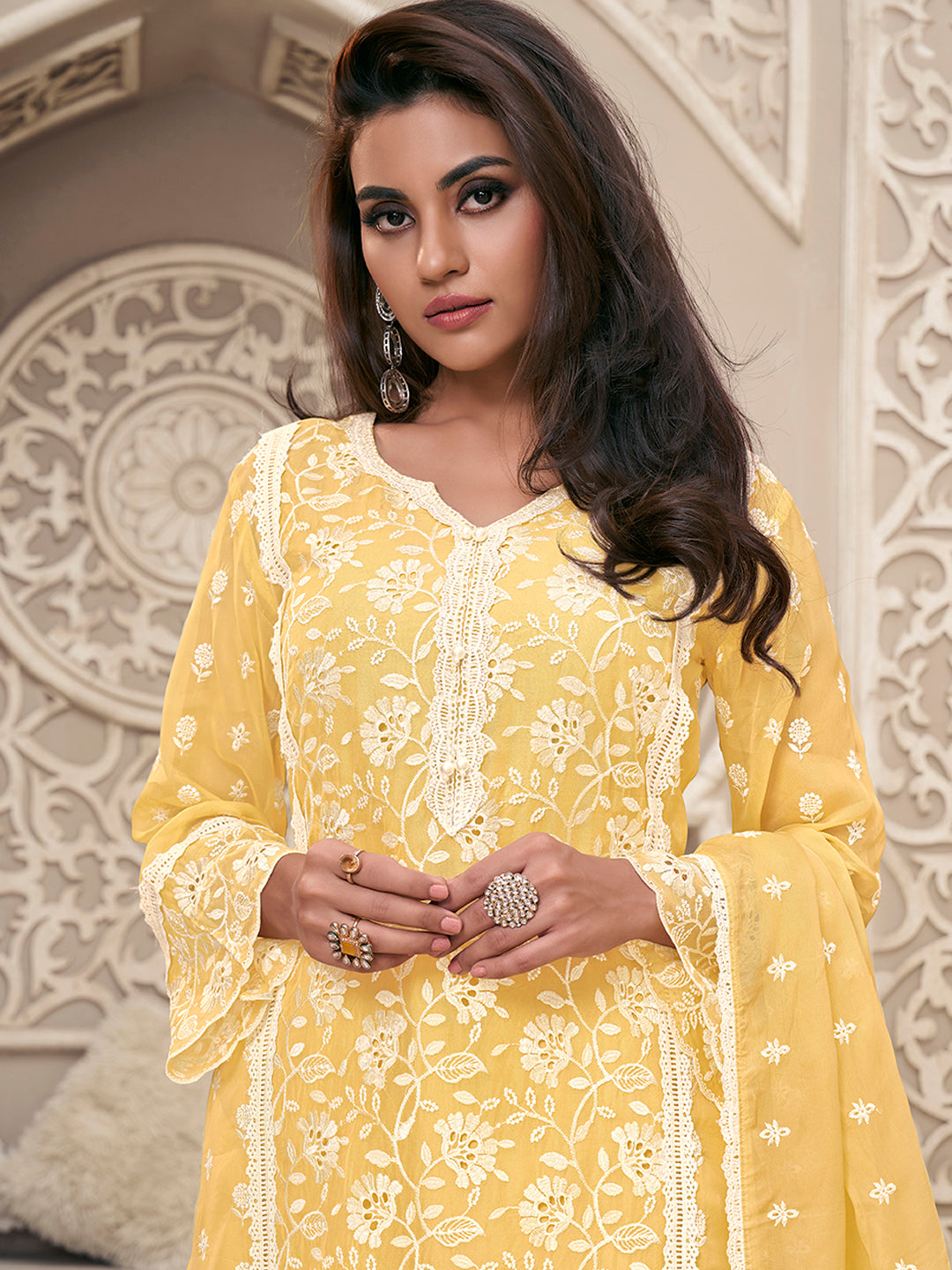 Yellow Organza Fabric with Shiffli work Kurta Suit Set by Qivii