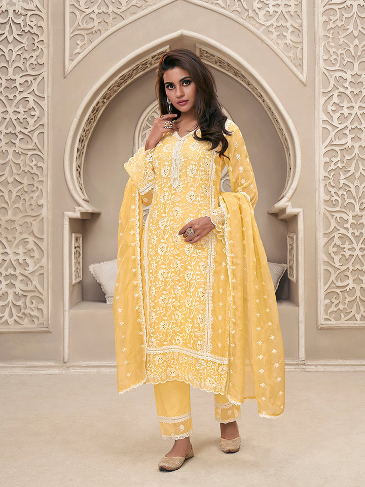 Yellow Organza Fabric with Shiffli work Kurta Suit Set by Qivii