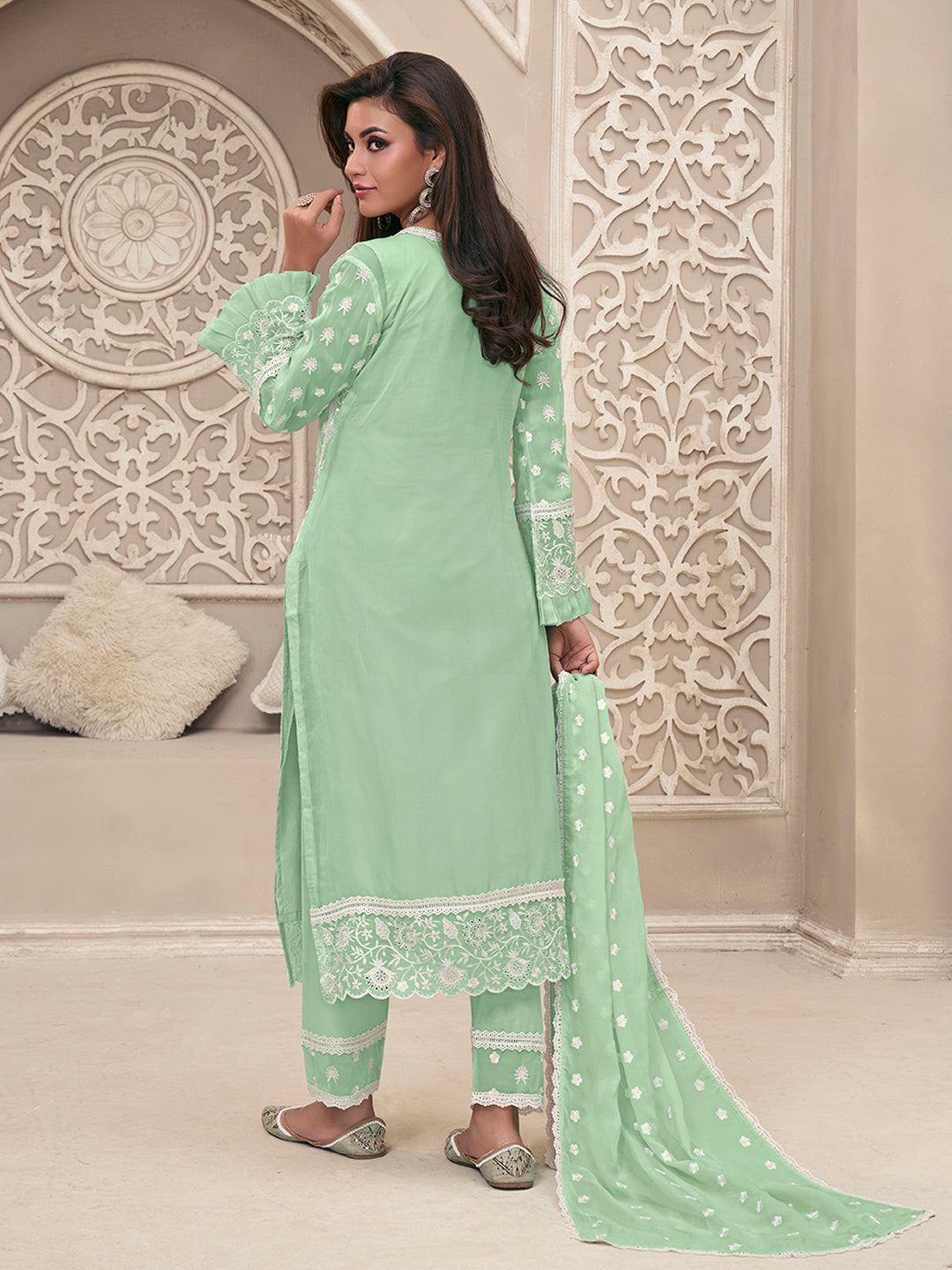 Green Organza Fabric with Shiffli work Kurta Suit Set by Qivii