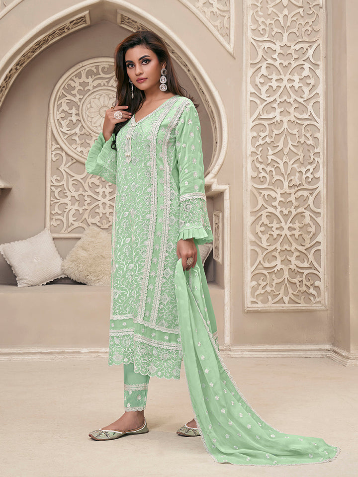 Green Organza Fabric with Shiffli work Kurta Suit Set by Qivii