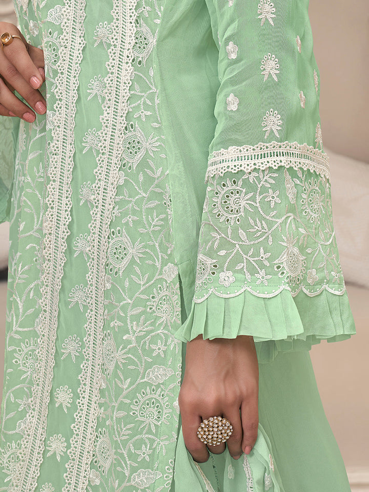 Green Organza Fabric with Shiffli work Kurta Suit Set by Qivii