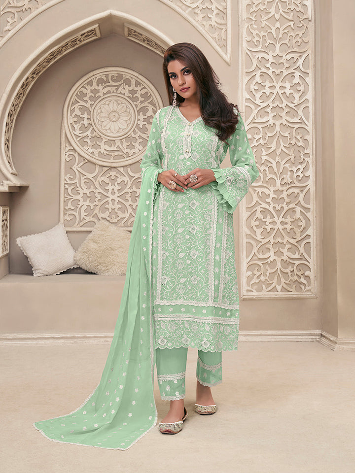 Green Organza Fabric with Shiffli work Kurta Suit Set by Qivii