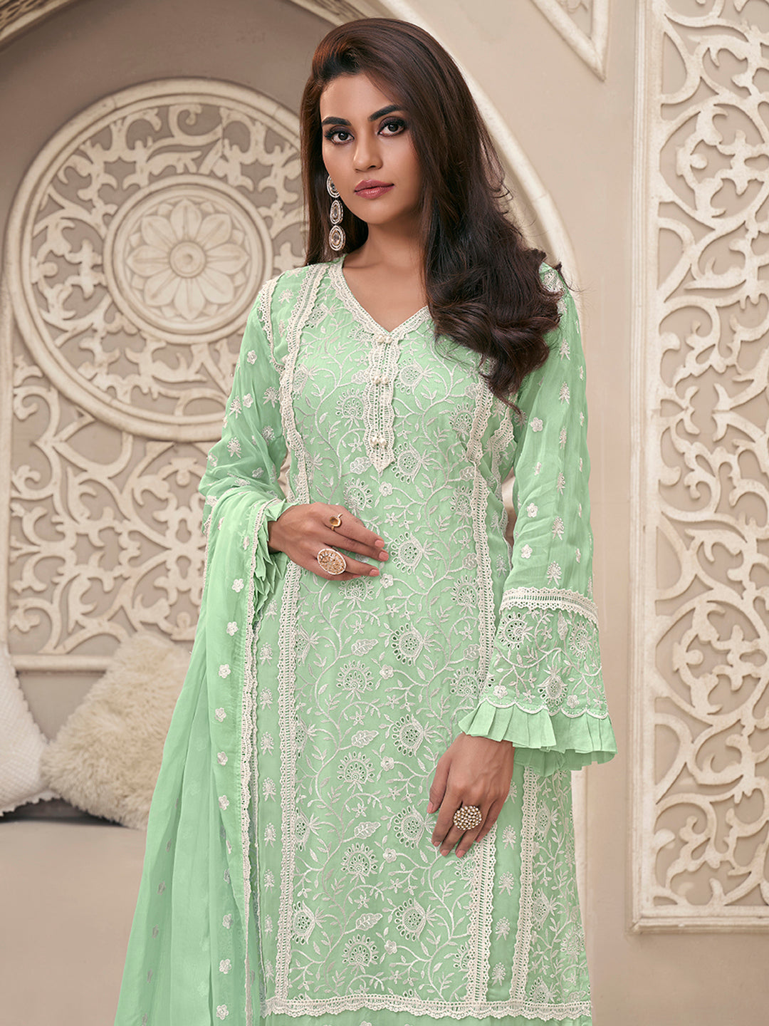 Green Organza Fabric with Shiffli work Kurta Suit Set by Qivii