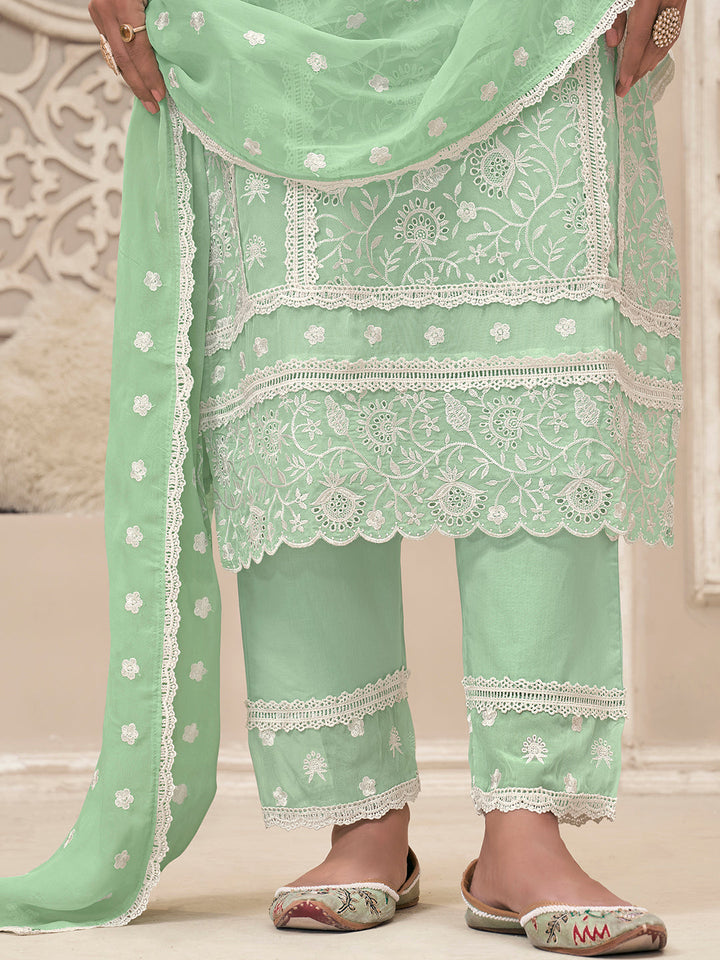 Green Organza Fabric with Shiffli work Kurta Suit Set by Qivii