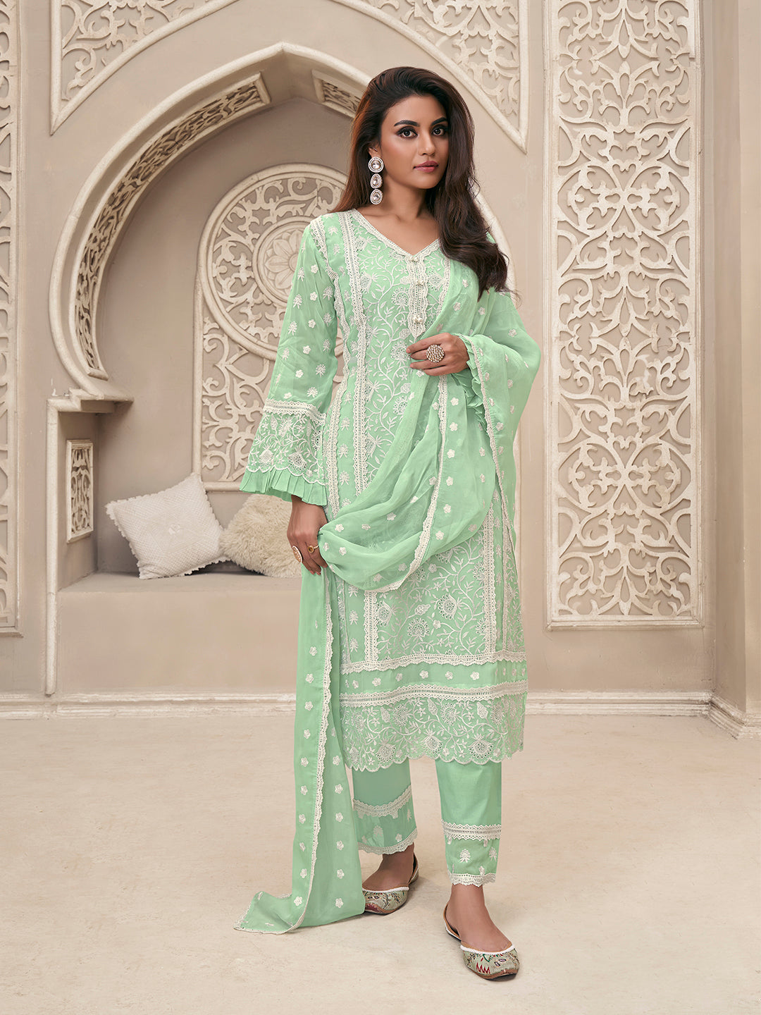 Green Organza Fabric with Shiffli work Kurta Suit Set by Qivii