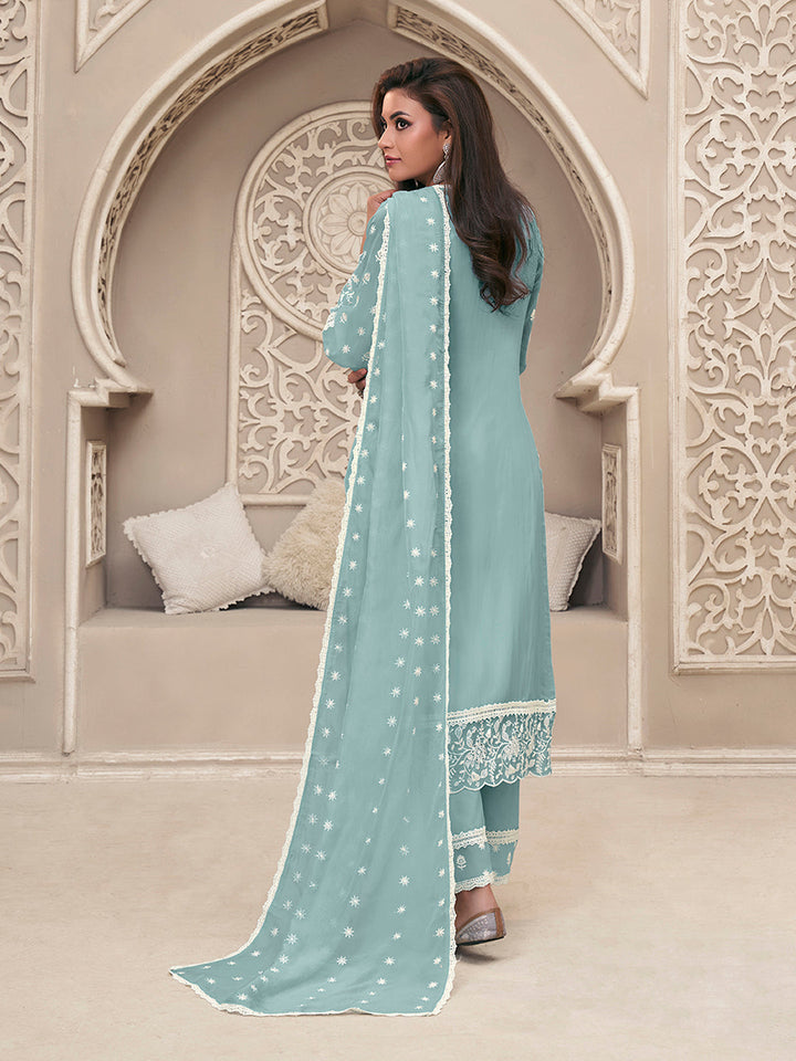 Blue Organza Schiffli Kurta Set by Qivii