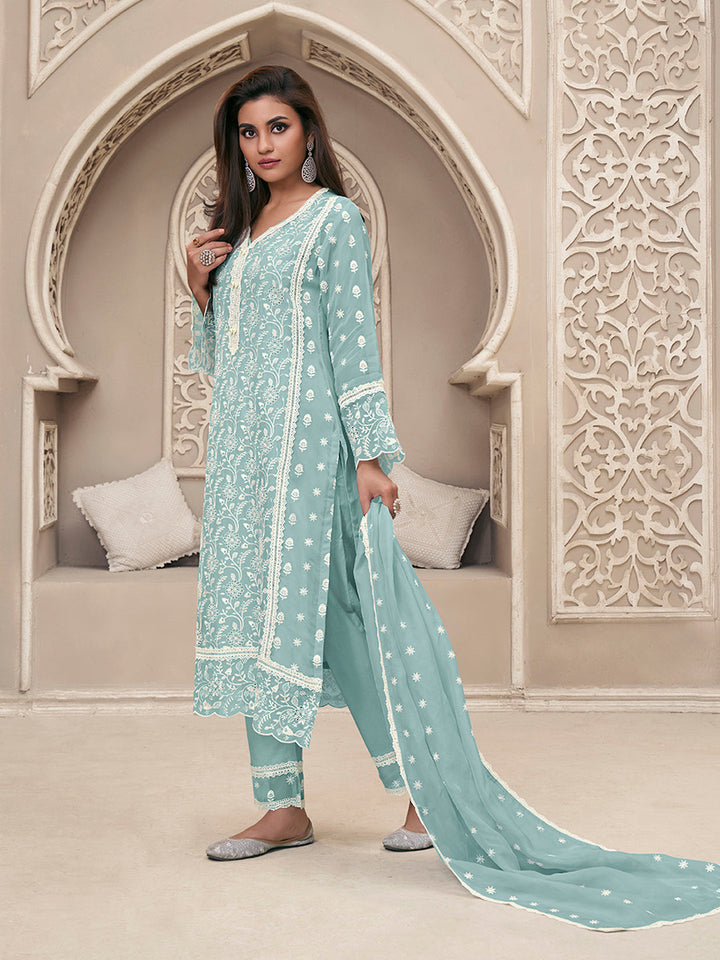 Blue Organza Schiffli Kurta Set by Qivii