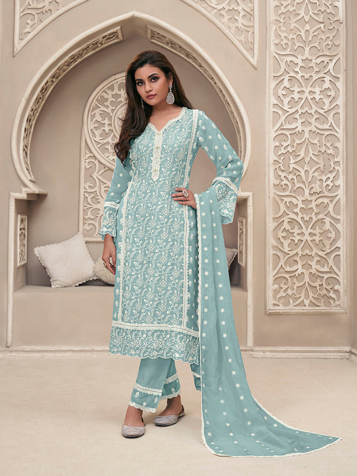 Blue Organza Schiffli Kurta Set by Qivii