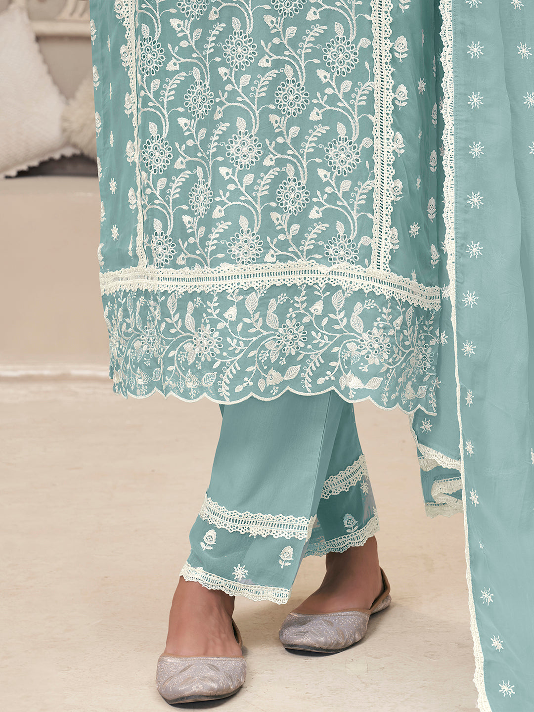 Blue Organza Schiffli Kurta Set by Qivii