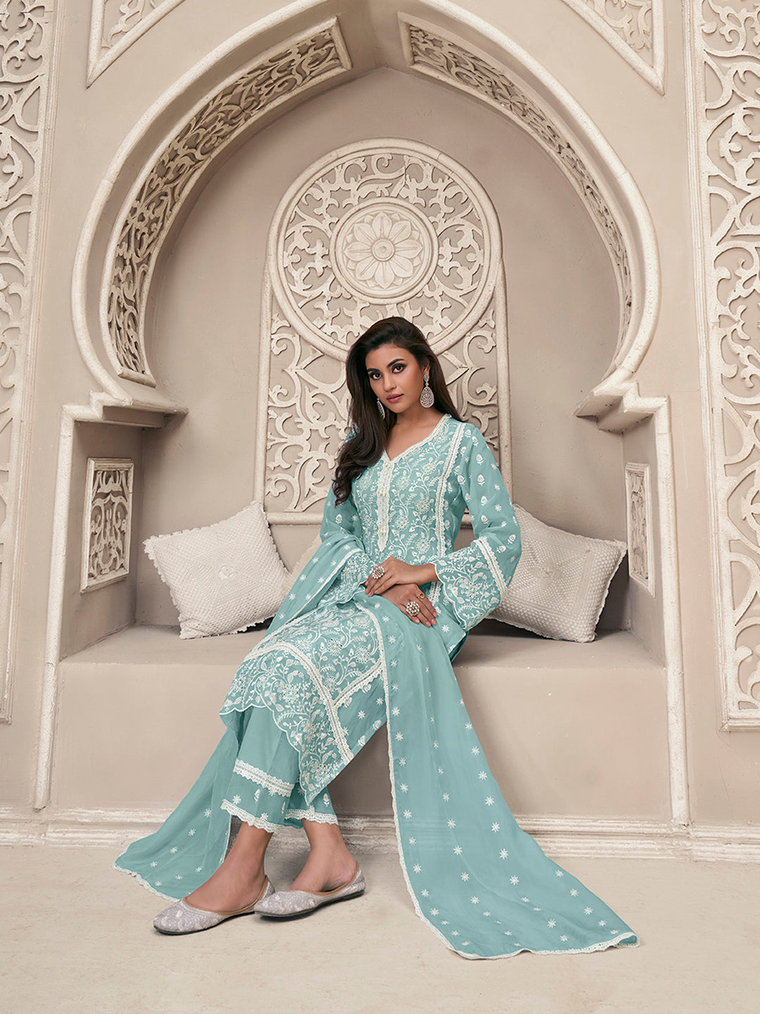 Blue Organza Schiffli Kurta Set by Qivii