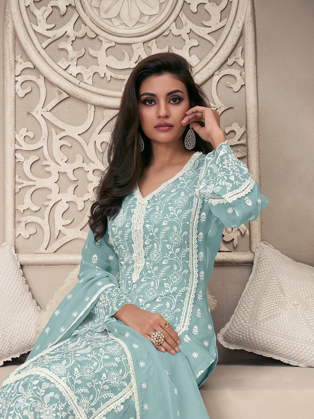 Blue Organza Schiffli Kurta Set by Qivii