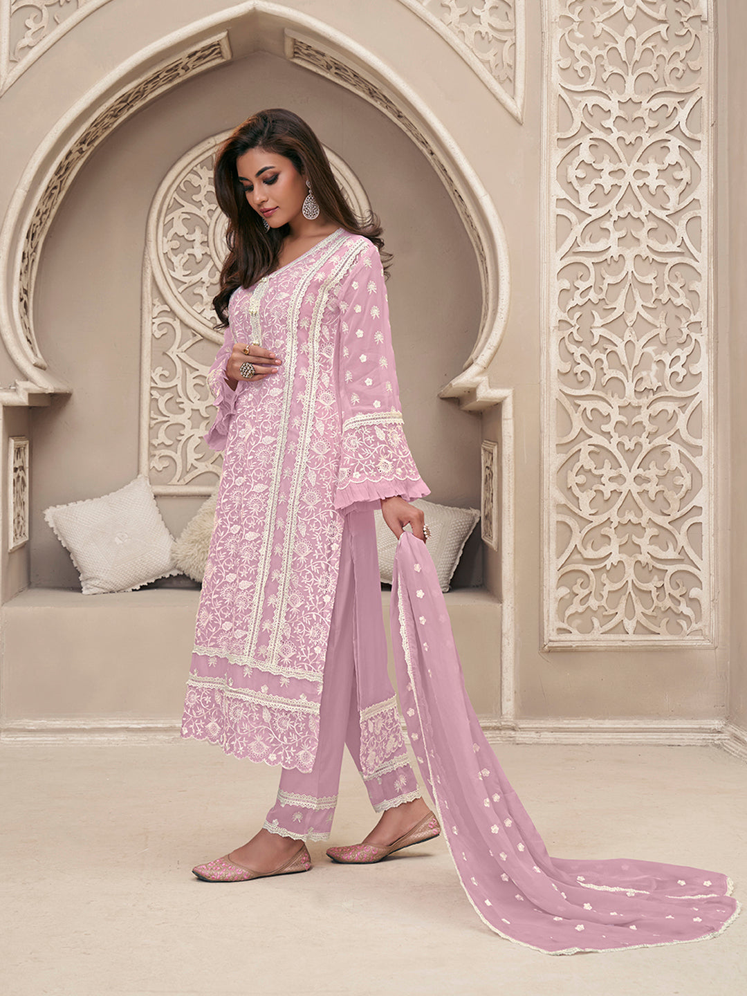 Lavender Organza Fabric with Shiffli work Kurta Suit Set by Qivii