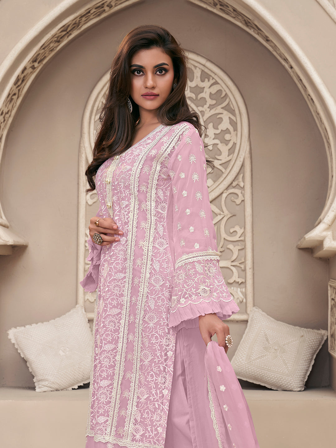 Light Lavender Kurta Set in Organza Fabric with Schiffli Work