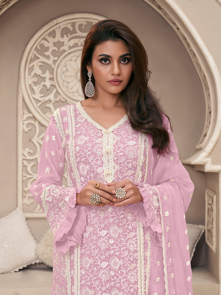 Lavender Organza Fabric with Shiffli work Kurta Suit Set by Qivii